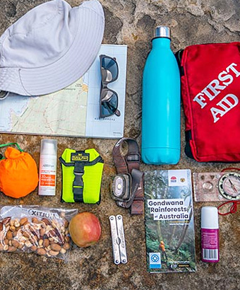 Flat lay of some basic items to pack in your backpack on a bushwalk. Photo: John Spencer &copy: DPIE